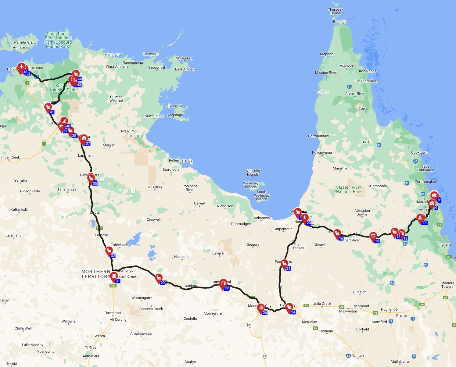 Map for Cairns to Darwin- The Savannah Way
